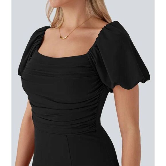 Halara Square Neck Puff Sleeve Ruched Midi Dress - Picture 4 of 5